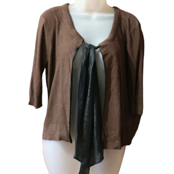 DKNY Brown & Black Silk Cardigan Bolero Wrap Sweater M/L Pussycat Bow Tie Front - Picture 1 of 12